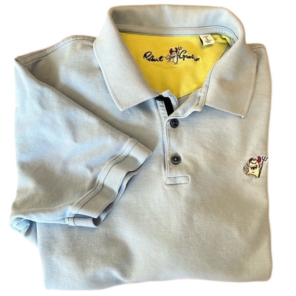 Robert Graham Short Sleeve Polo Light Blue 100% Cotton Pique Classic Fit Large